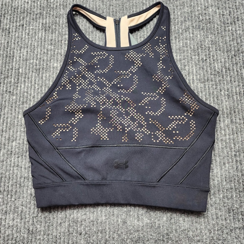 Under Armour Womens Black Laser Cut Perforated High Neck Sports Bra XS Zip Back